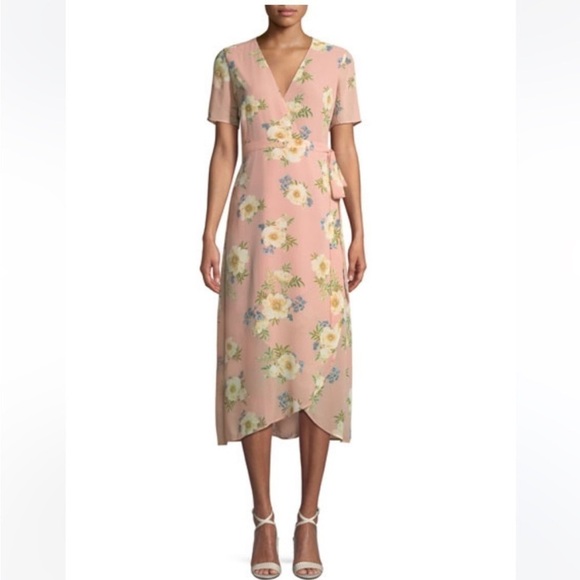 Bardot Sunset Pink Floral Short Sleeve Front Wrap Tulip  Midi Dress US 6 Small - Picture 1 of 15